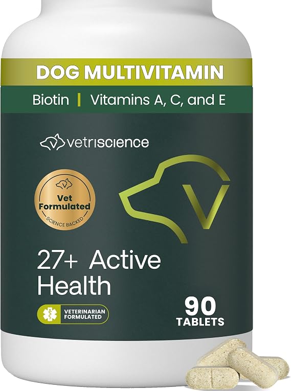 VetriScience 27 Active Health Chewable Tablets, Canine Plus Daily Multivitamin for Puppies and Adult Dogs, Balanced Vitamins, Minerals and Antioxidants, Wellness Support, Duck, 90 Count