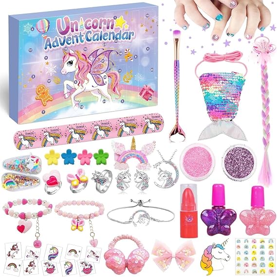 iZoeL Advent Calendar Unicorn 2026 Girls Christmas Calendar 24 Fillings Unicorn Calendar Jewellery Hair Accessories Tattoo Finger Tattoo Advent Calendar