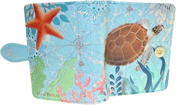 Shag Wear Sea Turtle Small Wallet Vegan Faux Leather Ocean Design Compact Purse with Card Slots ID Window Zippered Coin Section 4.5" Blue