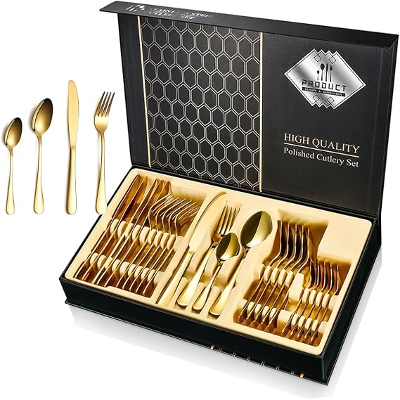 Golden Cutlery Set for 6 People, 24 Pieces, Stainless Steel Gold Cutlery, Shiny Cutlery with Knife, Fork, Spoon, High-Quality Stainless Steel Cutlery Set, Dishwasher Safe (with Gift Box)