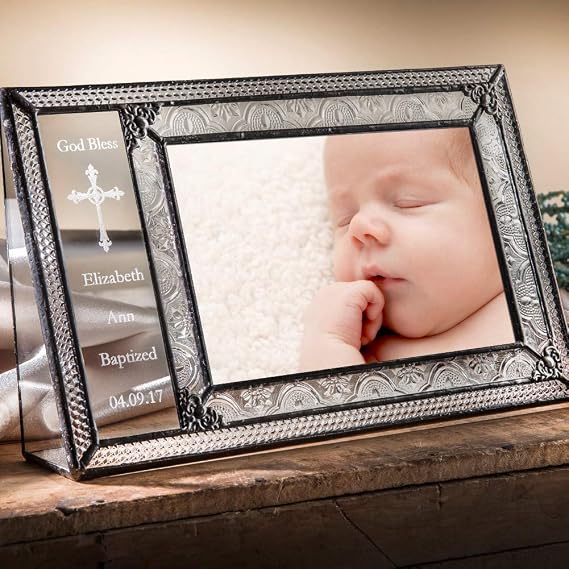 J Devlin Personalized Baptism Stained Glass Vintage 4x6 Picture Frame - Handcrafted Keepsake for Cherished Memories