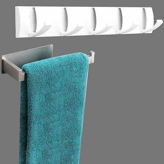 Hand Towel Holder+Folding Coat Hooks, Self Adhesive Hand Towel Ring, Thicken SUS304 Stainless Steel Hand Towel Bar/Rack, Heavy Duty Towel Rack for Bathroom Wall Hook for Hanging Clothes Robe.