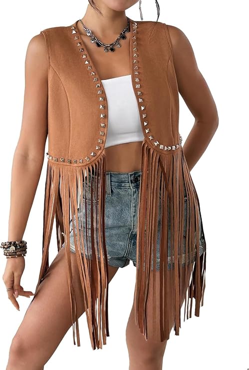 Women's Western Tassel Fringe Vest Sleeveless Open Front 60s 70s Cowgirl Hippie Vest Faux Suede Leather Jacket
