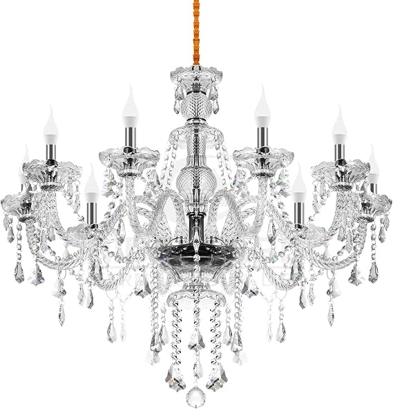 Ridgeyard 10 Lights Crystal Chandelier Luxurious K9 Crystal Ceiling Candle Pendant Lamp for Dining Living Room Bedroom Hallway Entry, Transparent