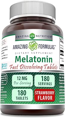 Amazing Formulas Melatonin 12 mg Per Serving Tablets Supplement | Non-GMO | Gluten Free | Made in USA 180 | Strawberry