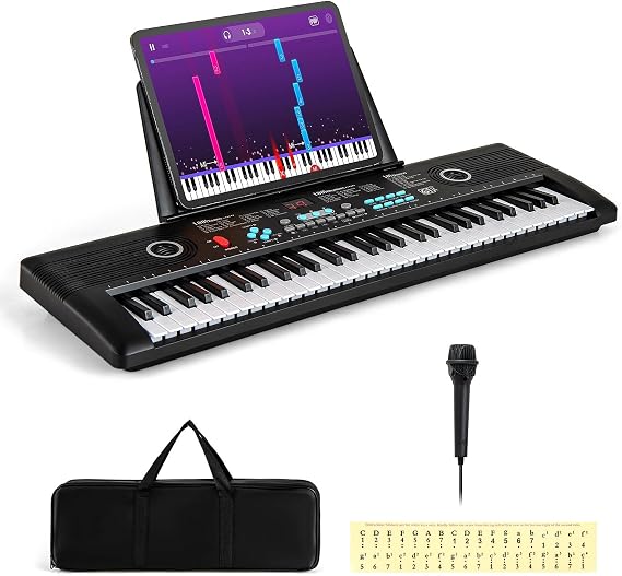 COSTWAY 61 Key Keyboard Piano, Portable Digital Piano with Microphone, Keynote Stickers, Carrying Case, Electric Piano for Beginners (Black)
