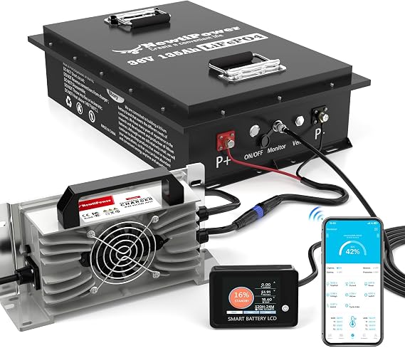 36V 135Ah Golf Cart LiFepo4 Lithium Battery with Charger and Monitor, 10 Years-Lifetime, Perfect for Golf Cart, Boat, Solar Power Storage, Off-Grid (36V-135Ah High-Power Battery)