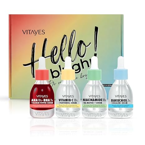 Vitayes Beauty Box with 4x Serum for Skin and Face: AHA+BHA Niacinamide Bakuchiol & Vitamin C Serum with Panthenol - Complete Skin Care