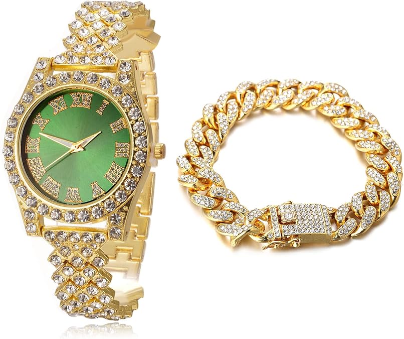 Halukakah Diamonds Gold Watch Iced Out,Women's 18K Real Gold/Platinum White Gold Plated 36MM Width Green/Blue/Red Dial Quartz Wristband 8" with Cuban Link Chain 7"+16" Necklace Bracelet,Free Giftbox