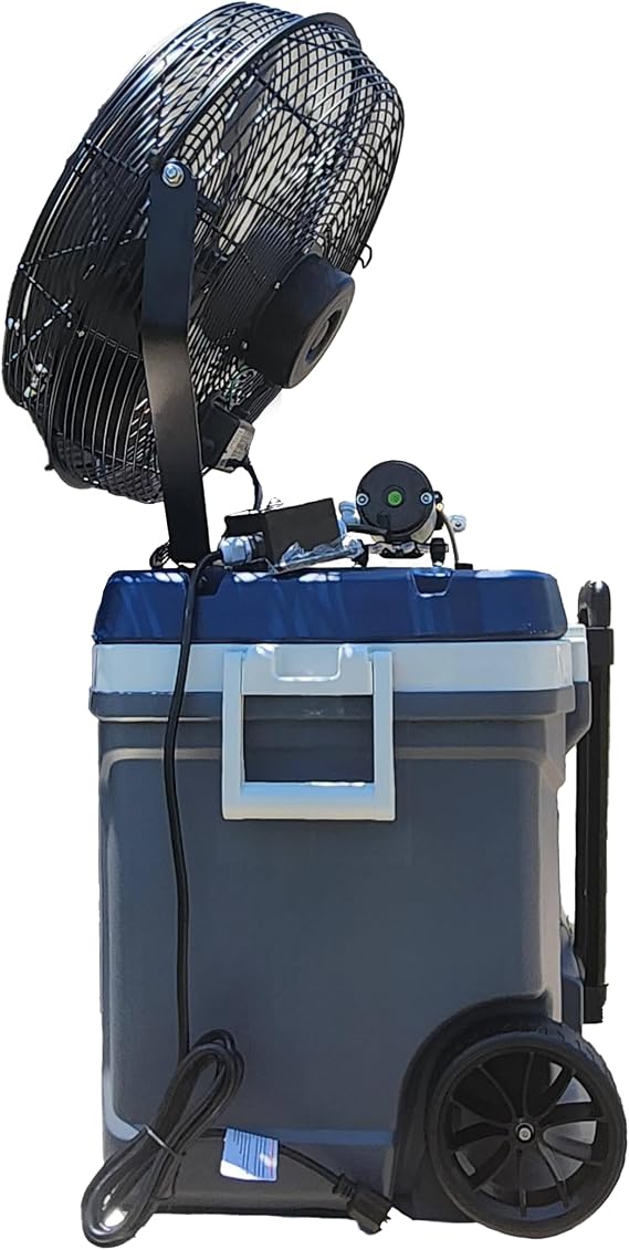 Portable Misting Fan System - Dual Purpose Outdoor Cooling and Keeping drinks cool - 15 Gallon Tank, With 14 Inch High Velocity Outdoor Rated Fan