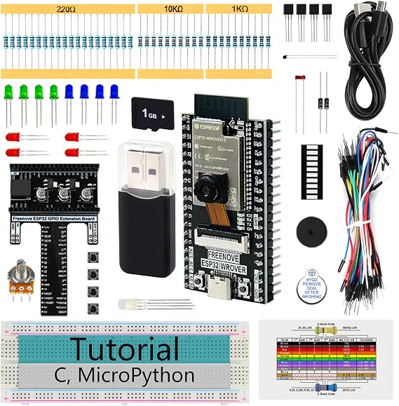 Freenove Basic Starter Kit for ESP32 CAM (Included), Dual-core 32-bit 240 MHz Microcontroller, Onboard Camera Wireless, Python C Code, 400-Page Detailed Tutorial, 141 Items, 58 Projects