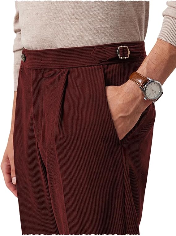 Men's Pleated Front Corduroy Pants Tapered Casual Pants with Pockets