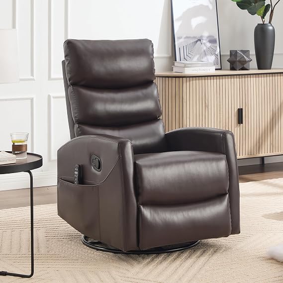 Manual Recliner Chair with Vibration Massage, Swivel Rocker Recliner with Remote Control, Glider Rocking Chair with Lumbar Heat, Reclining Sofa Chairs with Side Pockets for Living Room, Brown