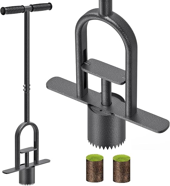 Dolibest Sod Plugger Tool, Grass Plugger Tool with Dual Pedals & Foot Ejector, Bulb Planter WSharp Serrations and Non-Slip Soft Grip Handle, for Lawn Planting Bulbs and Grass Repair, Easy Assembly