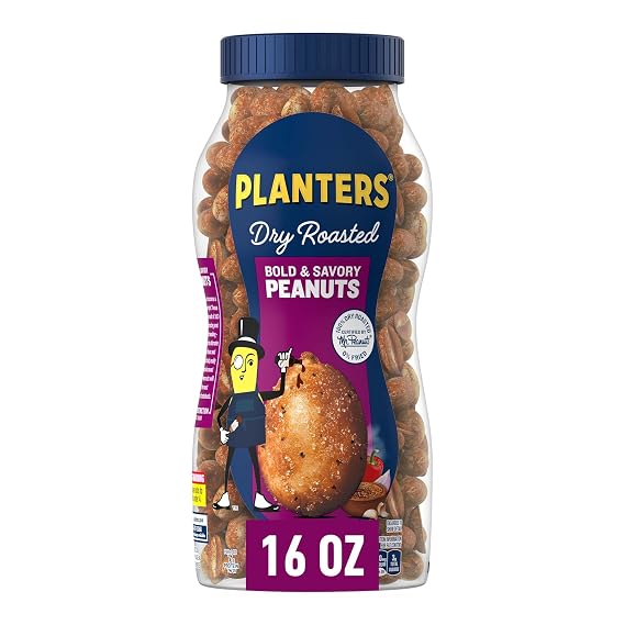 PLANTERS Bold & Savory Peanuts, Party Snacks, 16 Oz (1 Ct) | Dry Roasted Salted Nuts. 0g Trans Fat. Resealable Jar. Snacks for Adults. Party Mix, Flavored Nuts