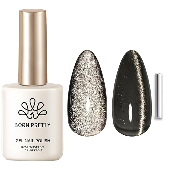 Born Pretty Black Pearl Cat Magnetic Eye Gel Nail Polish Glitter Gel Polish | Cat Magnetic Gel Nail Polish Holographic Magnetic Nail Polish for Nail Art Manicure Salon DIY at Home 15ML