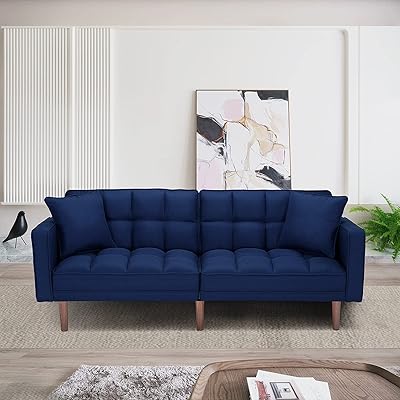 Convertible Futon Sofa Bed with Two Pillows, Modern Upholstered Sleeper Sofa Couch with 3 Adjustable Backrests and 5 Solid Wooden Legs, Twin Size Loveseat Recliner for Living Room Deep Blue