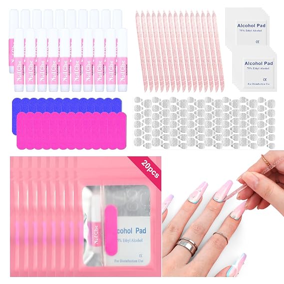 SAVILAND Press On Nail Packaging Kit with Glue and Prep Tools, 20 Sets | Includes 2 g glue, adhesive tabs, prep pads, mini files, acrylic sticks and bags for press-on application and salon packaging