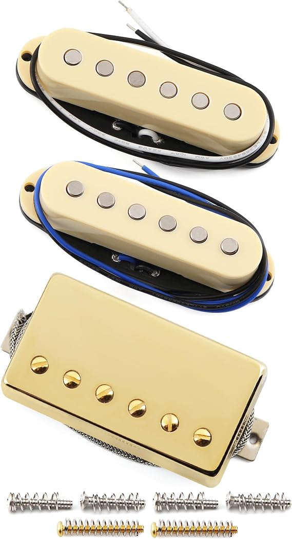 FLEOR Alnico 5 Flat Pole Single Coil Pickup and High Gain Humbucker Set Cream HSS N+M+B Pickups for ST Style Guitar