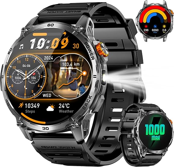 Military Smart Watch for Men, Rugged Tactical Smartwatch with 1000mAh Battery & LED Flashlight, 1.7" HD Fitness Tracker with Bluetooth Call, Heart Rate/Sleep Monitor for Android/iPhone