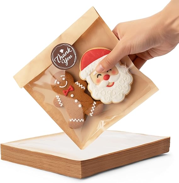 Bake Choice 100PCS Cookie Bags with 120 Stikers, 14x16cm Individual Cookie Packaging Bags, Heat Sealable & Grease Proof Bakery Bag with Window, Baked Goods Packaging,for Gift Giving
