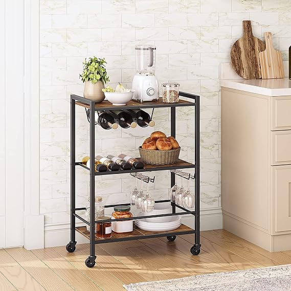 FEFE 3 Tier Rolling Industrial Design Rustic Wooden Bar Kitchen Food Serving Cart Trolley Wheels Cart with Lockable Wheels, for Dining Rooms, Living Room, Garden, Party