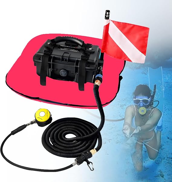 Electric Diving Ventilator 60-70Min, Portable Rechargeable Tankless Diving System, Waterproof Air Compressor, with Diving Breathing Regulator for Recreational Snorkeling & Fish Red-DualBattery