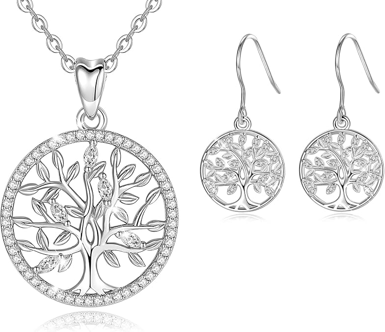AEONSLOVE Sterling Silver Tree of Life Necklace & Earrings for Women, Family Tree Jewelry with CZ