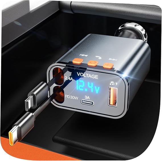 Retractable Car Charger,5 in 1 PD Car Phone Charger with Bluetooth 5.3 FM Transmitter,Handsfree Call and MP3 Player,2 Retractable Cables and USB Charging Adapter for Cars Phone,Galaxy,Pixel(Grey)