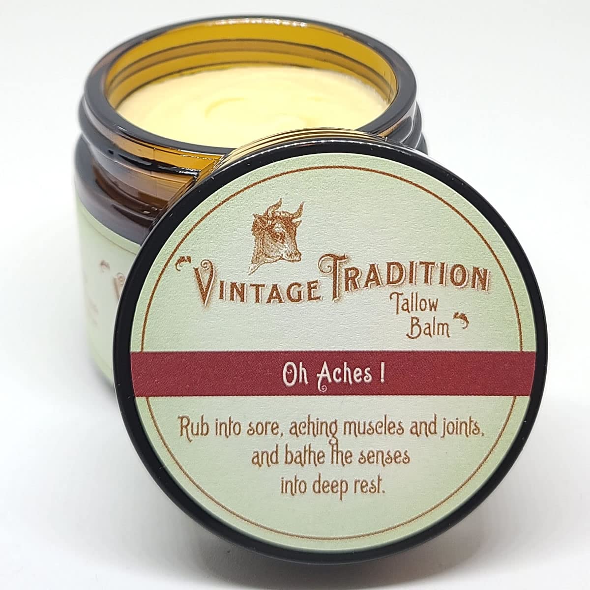 Vintage Tradition Oh Aches! Tallow Balm Supports Joint and Muscle Health Beef Tallow Grass Fed Balm with Wintergreen, Peppermint, and Lime Essential Oil Blend, 2 Fl. Oz.