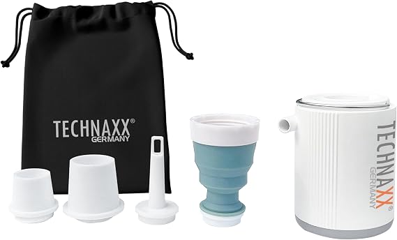 Technaxx Mini Battery-Powered Air Pump TX-261 with 1360 mAh Battery for Inflating Air Mattresses, Inflatable Beds, Pillows, Swimming Rings and Toys - 5 Nozzles, Charging Cable, Storage Bag