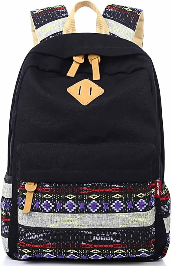 mygreen Kawaii Girls Backpack for School - Lightweight Canvas Backpack for Teens Ages 8-12, Fits 15 Inch Laptop, Cute Boho Floral Design, Durable & Comfortable Black