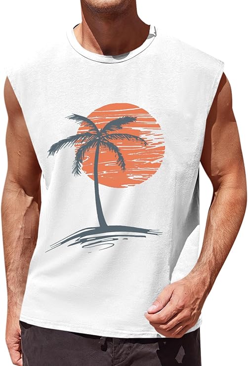 Runcati Mens Sleeveless Tank Tops Workout Gym Muscle Shirts Palm Tree Vintage Hawaiian Summer Beach T Shirts