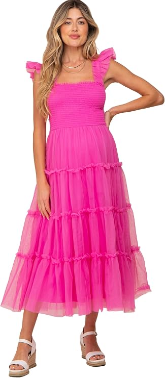 PinkBlush Smocked Mesh Ruffle Accent Maternity Midi Dress
