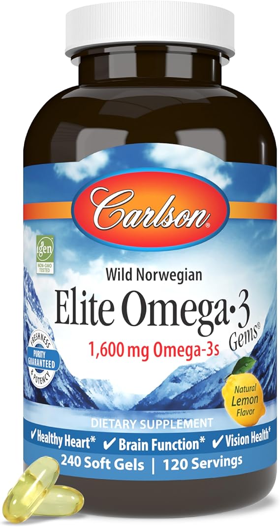 Carlson Elite Omega-3 Gems, 1600 mg, from Norway, Lemon, 60 Softgels | Omega-3 Fatty Acids Including EPA and DHA; Wild-Caught Fish Oil Supplement; Sustainably Sourced Omega 3 Fish Oil Capsules