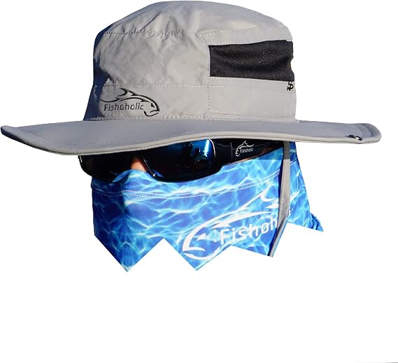 Fishoholic UPF50+ Wide Brim Fishing Bucket Hat with 2 Adjustable Straps | Sun Protection Fishing Hat - Wide Brim - 2 Adjustable Straps - Breathable Mesh Side - Fathers Day Fishing Gift for Dad, Men