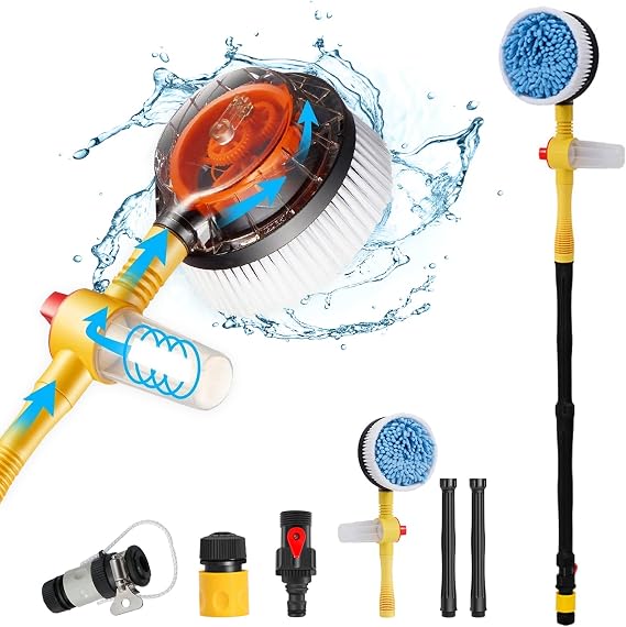 Car Wash Brush with Hose Attachment, 360 Spin Car Wash Brush with Soap Dispenser, Soft Bristle Car Cleaning Brush Mop Scrub Brush, Flow Through Car Washing Brush Kit Long Handle (Yellow)