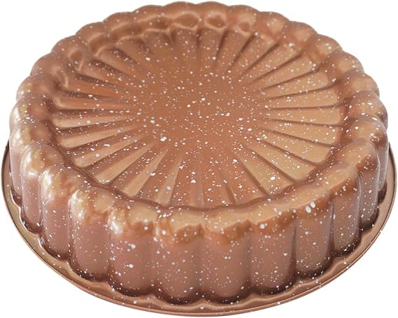 Charlotte Cake Mould Non-Stick Coating 25cm Flower Shape Round Baking Mould | Carbon Steel Fluted Cake Tray, Decoration 3D for Jello, Pound Cakes - Coffee Gold, 1PC