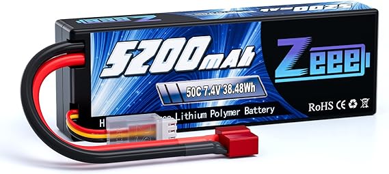 Zeee 2S 5200mAh Lipo Battery 7.4V 50C Hard Case with T Connector for RC Truck RC Truggy RC Heli Airplane Drone FPV Racing (1 Pack)