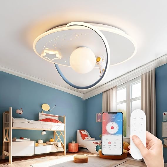 AHXIAOZN LED Ceiling Light Children's Room Moon Astronaut Ceiling Lights for Children 50 cm Creative Children's Room Lamp Dimmable with