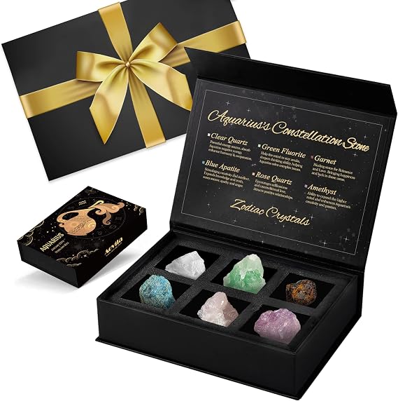 Aquarius Crystals Birthstones Gift Box Set for Women - Zodiac Astrology Birthday Gifts With Wrap, Ribbon Bow, Greeting Card for Her, Mother, Sister, Best Friends