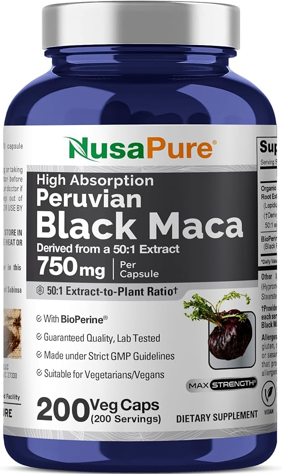 Peruvian Black Maca Root, Vegan, 750mg, 200 Veg Capsules - 200 Servings