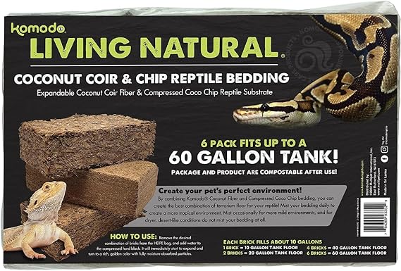 Komodo Reptile Coconut Coir Chip & Peat Bundle | 4 Bricks of Chips and 2 Bricks of Peat Reptile Terrarium Habitat Bedding | Fits up to a 60 Gallon Tank Total