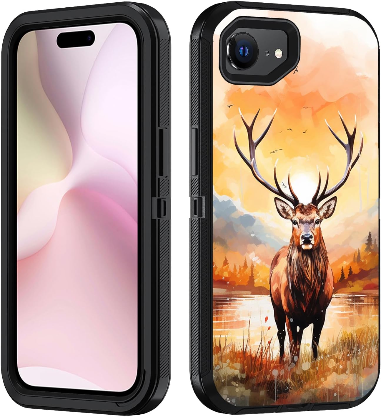 for iPhone 16e Case, Heavy Duty 3 in 1 Hybrid Military Grade Shockproof Drop Full-Body Protective Cover for iPhone 16e 2025 6.1 inch, Watercolor Art Deer