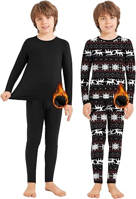 Silkfly 2 Sets Boys Thermal Underwear Fleece Lined Compression Shirt Leggings Pants Kids Base Layer