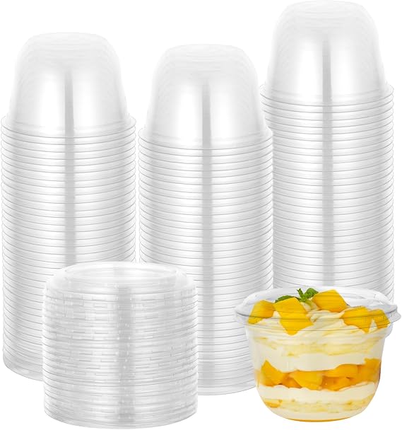 100 Pack Disposable Dessert Cups, 10 oz Stackable Clear Plastic Cups with Lids, Mini Parfait Cups with No Holes Flat Lids, 300ml Disposable Party Cups for Snacks Yogurt Fruit Ice Cream Iced Cold Drink