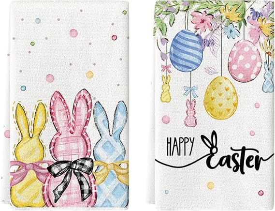 Artoid Mode Beige Bunny Eggs Happy Easter Kitchen Towels Dish Towels, 18x26 Inch Spring Farmhouse Bow Flowers Decoration Hand Towels Set of 2