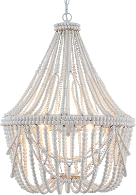 20 Bohemia Large Wood Beaded Chandelier Coastal French Country Chandelier Farmhouse Antique Pendant Light for Living Room Kitchen Island Dining Bedroom, Distressed White, UL Listed