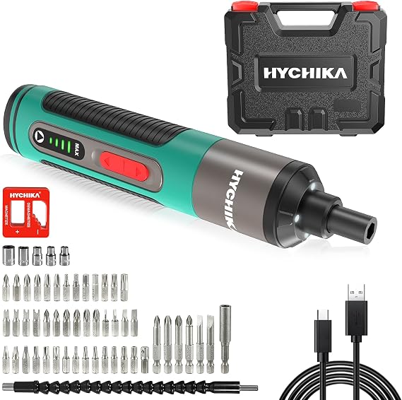 Electric Screwdriver, HYCHIKA Cordless Screwdriver 3.6V, 2.0 Ah, 4 Variable Speeds, 57 Accessories, LED Light, USB Charge