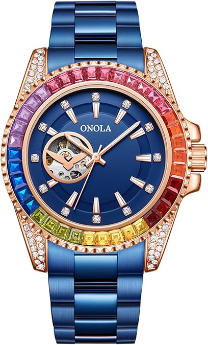 Men Watch Fashion Color Diamond Dial Automatic Hand-Winding Wristwatch Skeleton Tourbillon Mechanical Watches Waterproof Business